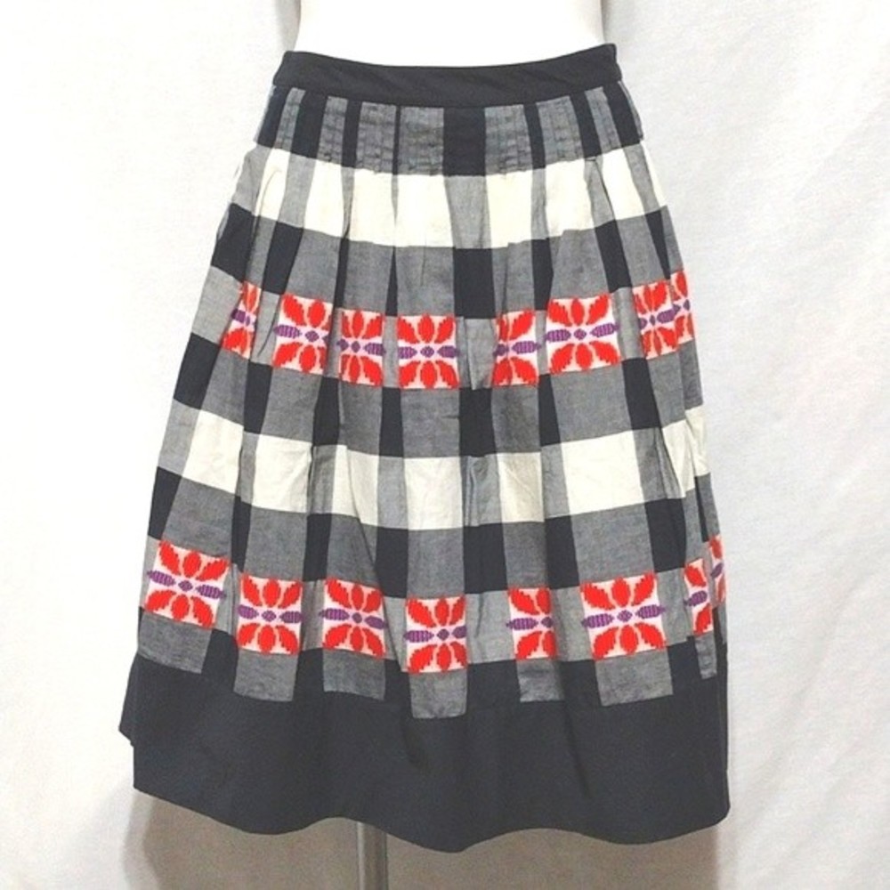 Floreat Anthropologie Floral Embroidered Plaid Skirt Do Si Do New US 4 Boho Chic